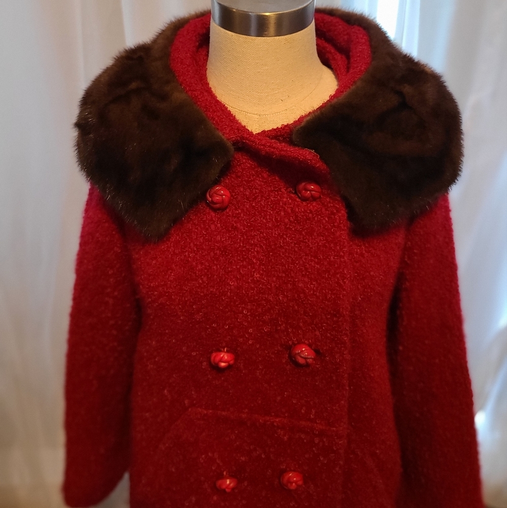 Vintage Cherry Boucle Wool Fur Trimmed Coat-ILGWU